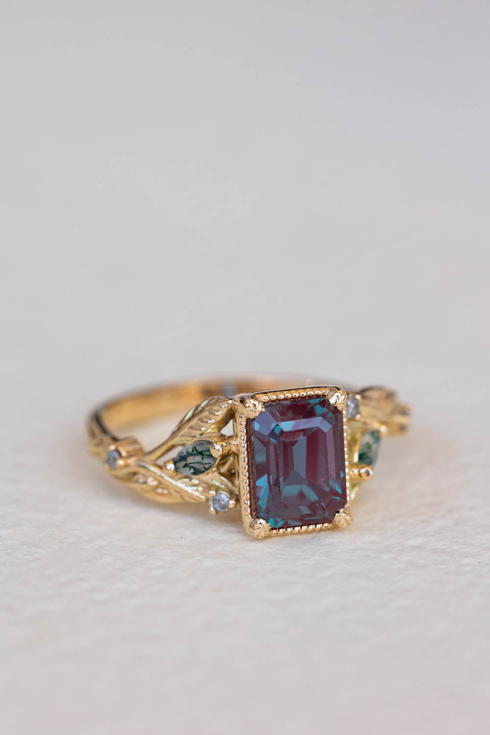 READY TO SHIP: Patricia ring in 14K yellow gold, lab alexandrite emerald cut 8x6 mm, accent moss agates and salt&pepper diamonds, AVAILABLE RING SIZES: 6-8US - Eden Garden Jewelry™