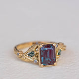 READY TO SHIP: Patricia ring in 14K yellow gold, lab alexandrite emerald cut 8x6 mm, accent moss agates and salt&pepper diamonds, AVAILABLE RING SIZES: 6-8US - Eden Garden Jewelry™