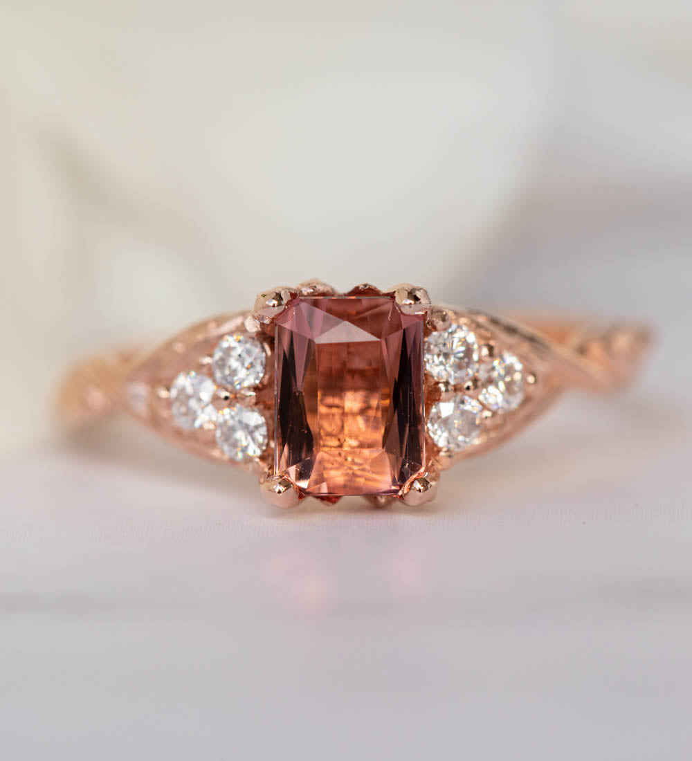 Pink tourmaline and diamonds engagement ring, emerald cut gemstone gold ring / Gloria - Eden Garden Jewelry™