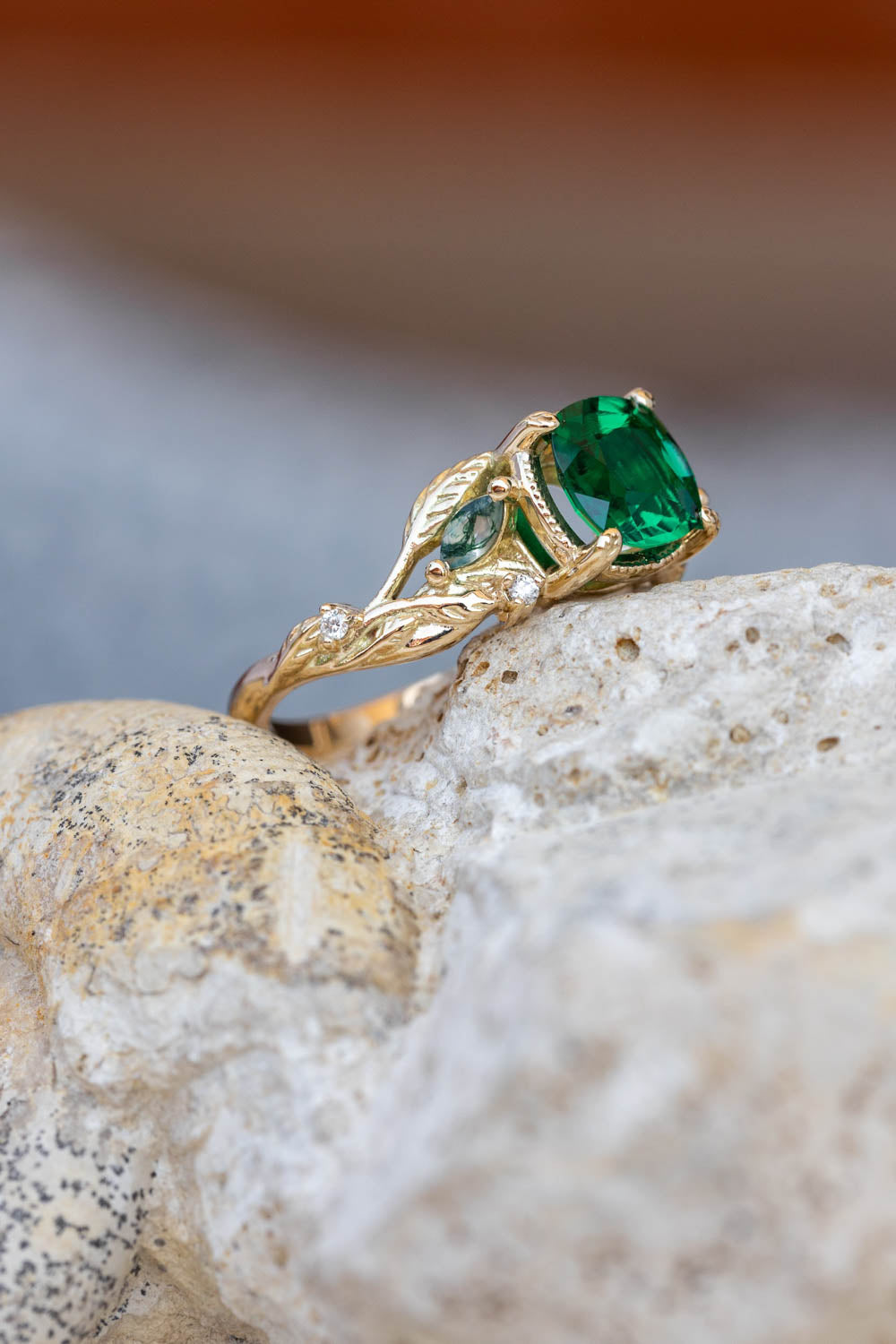 Lab emerald and moss agates branch engagement ring, cushion cut gemstone gold proposal ring / Patricia - Eden Garden Jewelry™