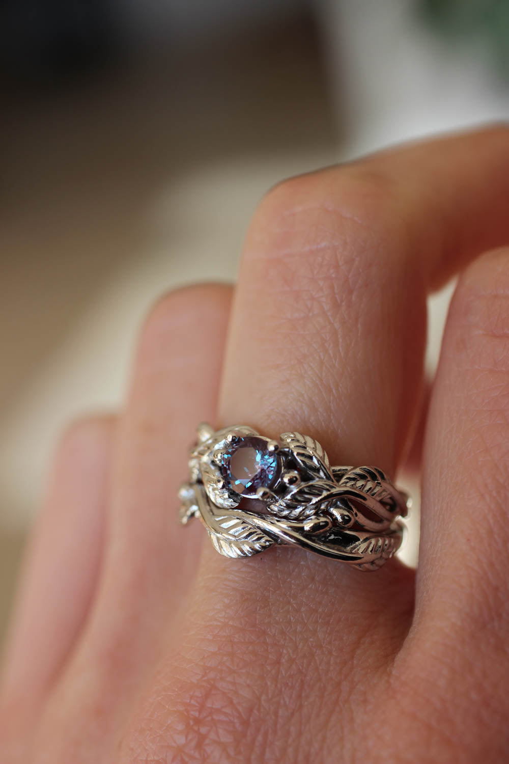 Lab alexandrite engagement ring, white gold nature themed promise ring / Cornus - Eden Garden Jewelry™