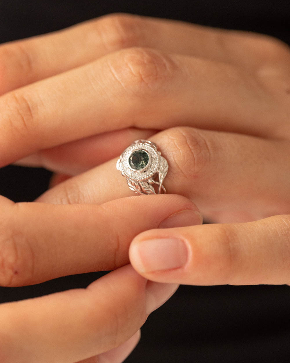 Moss agate and diamond halo engagement ring, nature themed gold branch ring  / Tilia halo - Eden Garden Jewelry™