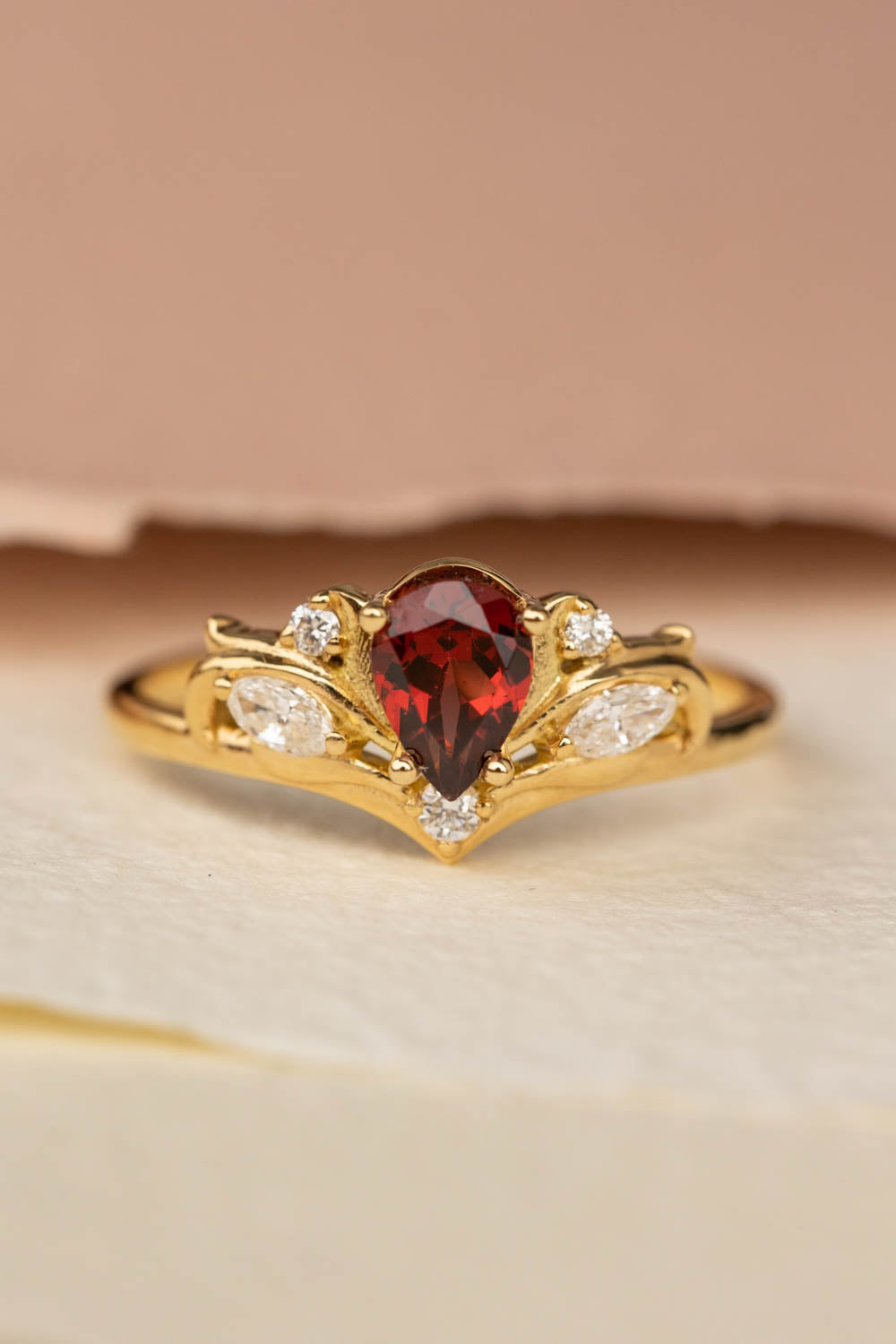 READY TO SHIP: Swanlake ring in 18K yellow gold, natural garnet pear 7x5 mm, natural diamonds, AVAILABLE RING SIZES: 8.5-10.5US - Eden Garden Jewelry™