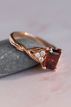 Natural garnet and diamonds engagement ring, emerald cut gemstone rose gold ring / Gloria - Eden Garden Jewelry™