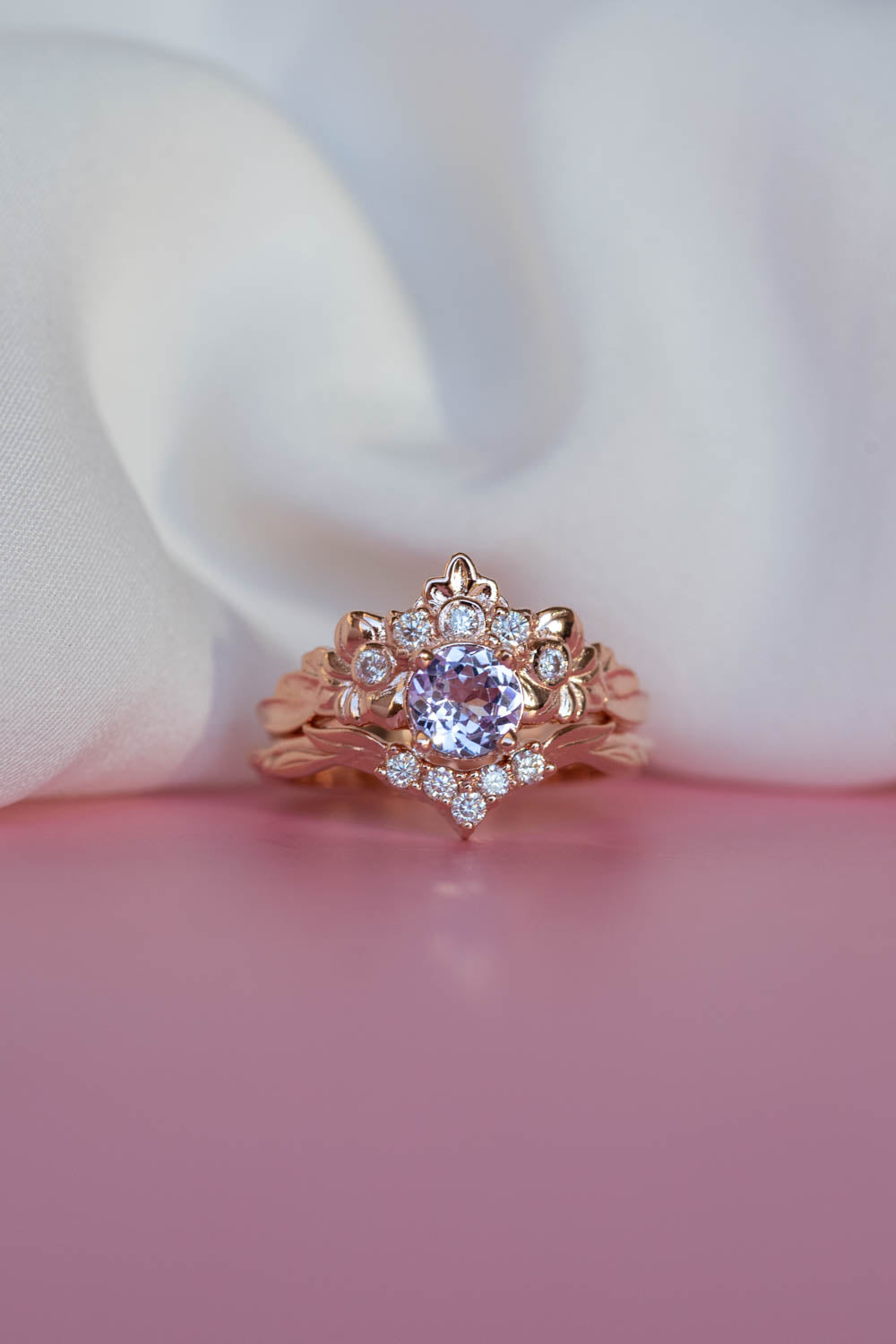Floral Design Ying Yang Ring Guard and Engagement Ring Bridal Set