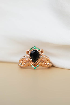 Black spinel fantasy bridal ring set, emeralds and diamonds engagement and wedding rings /  Faunus - Eden Garden Jewelry™
