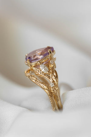 Amethyst leaf engagement ring set, big purple gemstone bridal ring set / Patricia - Eden Garden Jewelry™