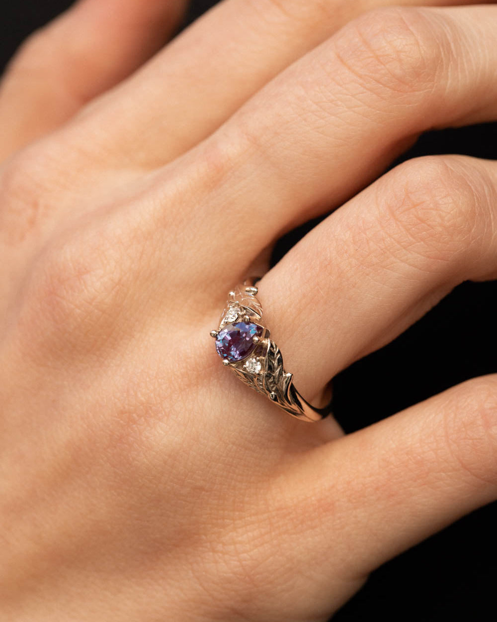 Pear alexandrite ring with diamonds, leaf engagement ring / Wisteria - Eden Garden Jewelry™