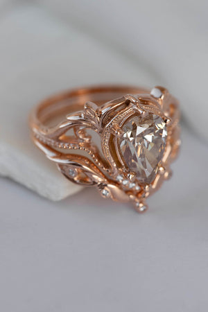 Big pear champagne diamond engagement ring, vintage inspired rose gold statement ring / Lida - Eden Garden Jewelry™