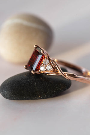 Natural garnet and diamonds engagement ring, emerald cut gemstone rose gold ring / Gloria - Eden Garden Jewelry™