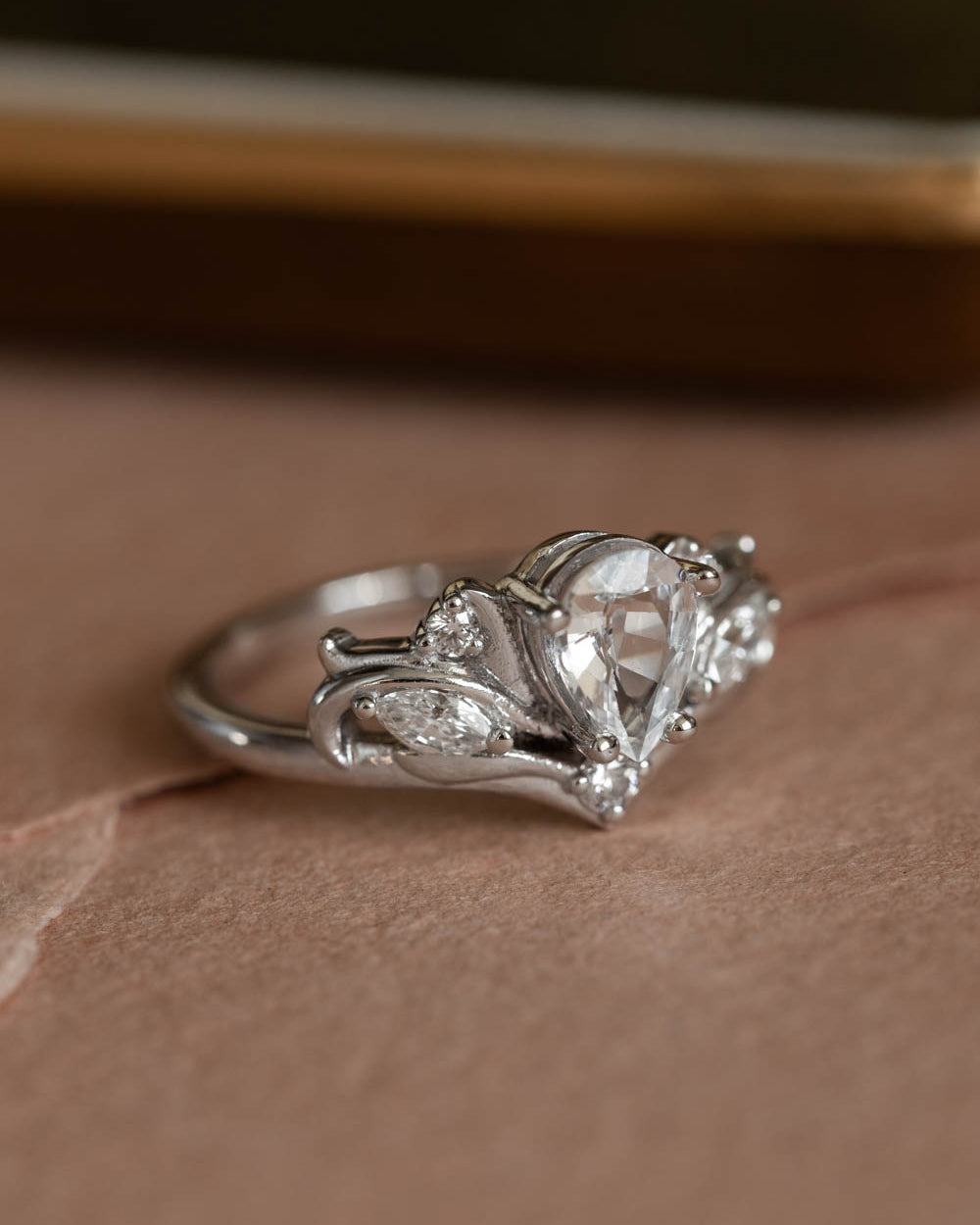White sapphire gold engagement ring set, nature themed promise ring / Swanlake - Eden Garden Jewelry™