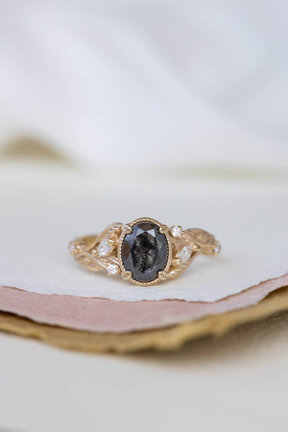 READY TO SHIP: Patricia ring in 14K yellow gold, natural salt and pepper diamond oval cut 8x6 mm, moissanites, AVAILABLE RING SIZES: 6-8US - Eden Garden Jewelry™
