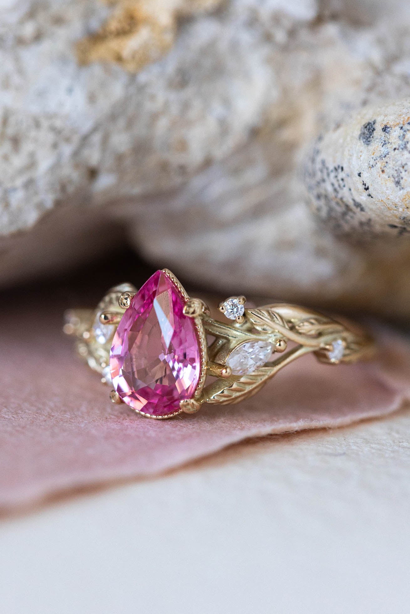 Natural pink spinel engagement ring, gold nature inspired engagement ring with leaves and diamonds / Patricia - Eden Garden Jewelry™