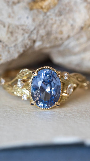 READY TO SHIP: IGI laboratory certified ring in 14K yellow gold with natural sapphire oval cut 8.6x6.6 mm and accent natural diamonds, SIZE 7US - Eden Garden Jewelry™