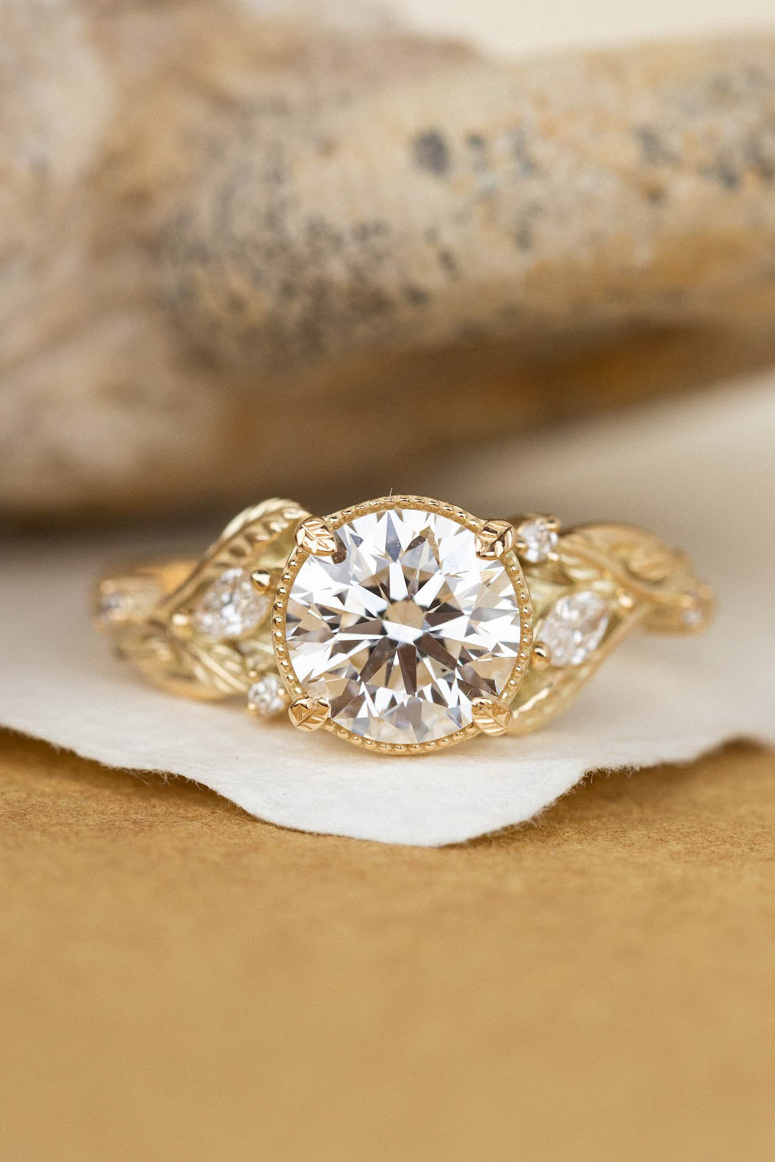 Unique 14kt white gold diamond leaf and vine wedding set, engagement set