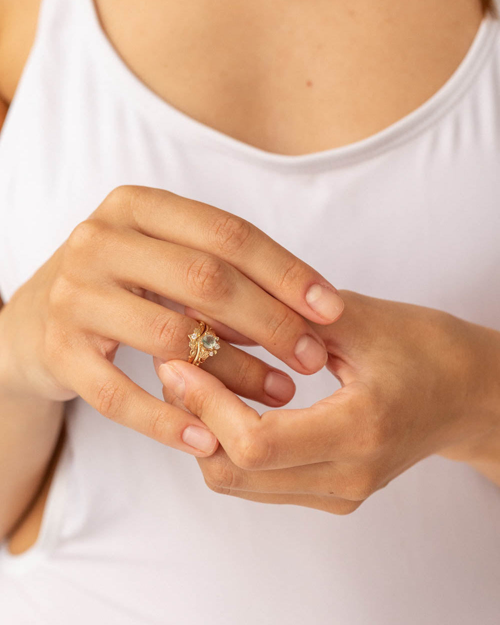 READY TO SHIP: Ariadne bridal ring set in 14K yellow gold, natural moss agate 5 mm, moissanites, RING SIZE - 6 US - Eden Garden Jewelry™