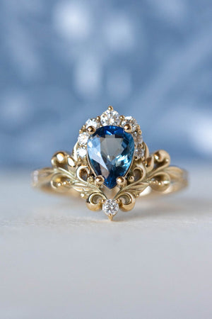 Natural blue sapphire engagement ring, baroque inspired gold ring with diamonds / Sophie - Eden Garden Jewelry™
