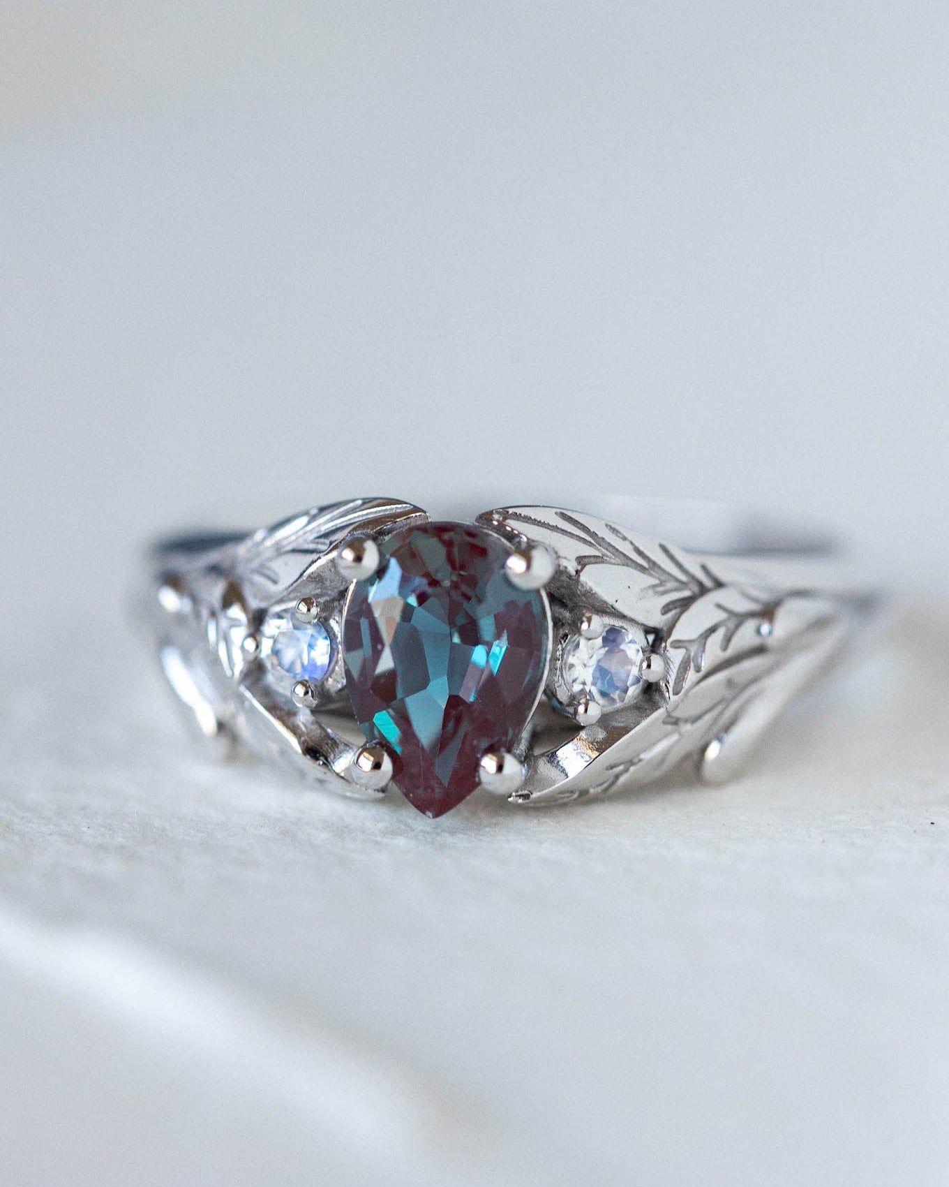 Colour changing alexandrite engagement ring, gold twig ring with side moonstones / Wisteria - Eden Garden Jewelry™