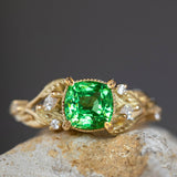 Tsavorite garnet engagement ring, gold ring with leaves and diamonds / Patricia - Eden Garden Jewelry™