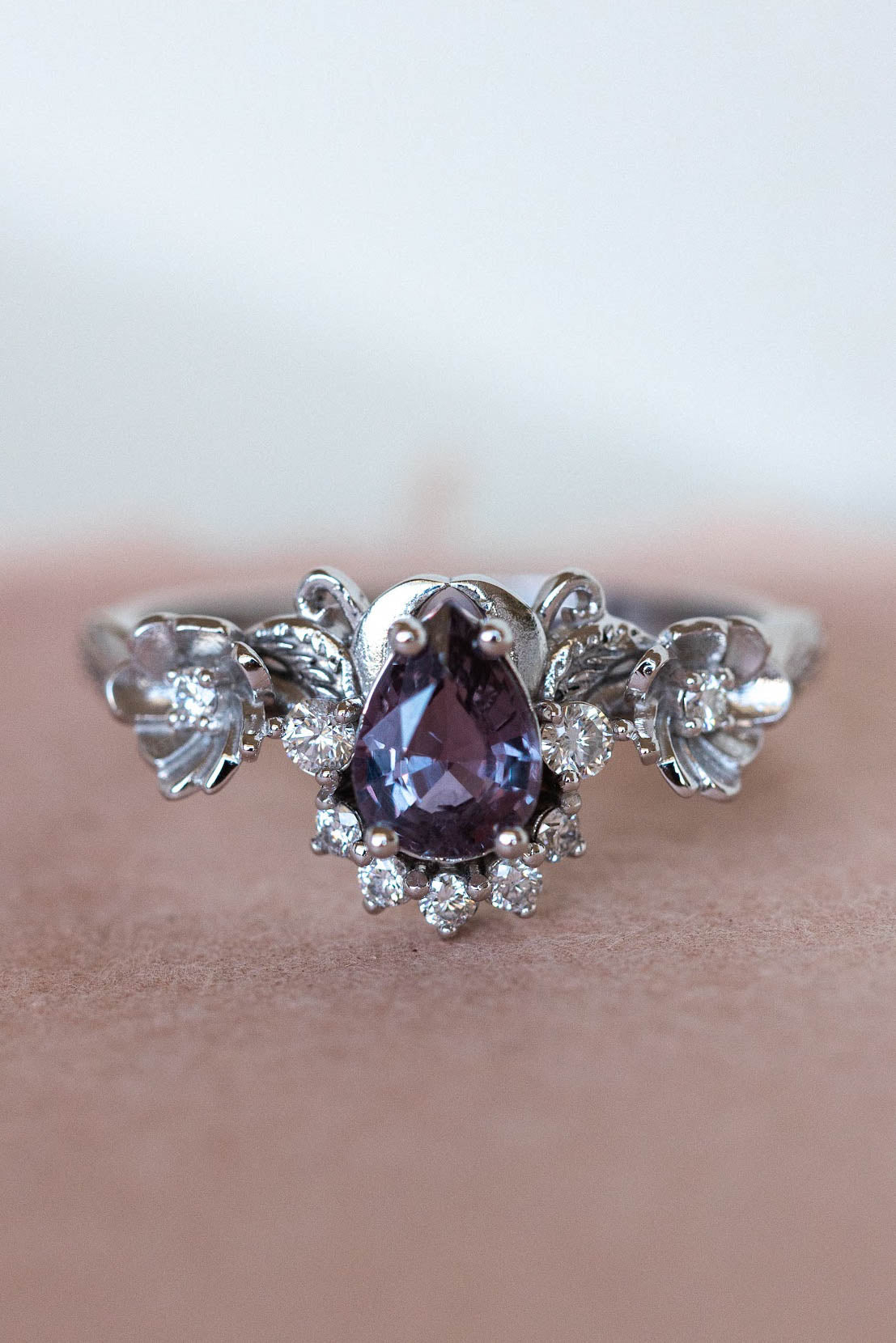 Purple sapphire engagement ring with diamonds, white gold flower style gold proposal ring / Adelina - Eden Garden Jewelry™