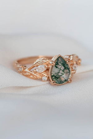READY TO SHIP: Patricia ring in 14K or 18K rose gold, natural moss agate pear cut 8x6 mm, accent moissanites, AVAILABLE RING SIZES: 6-8US - Eden Garden Jewelry™