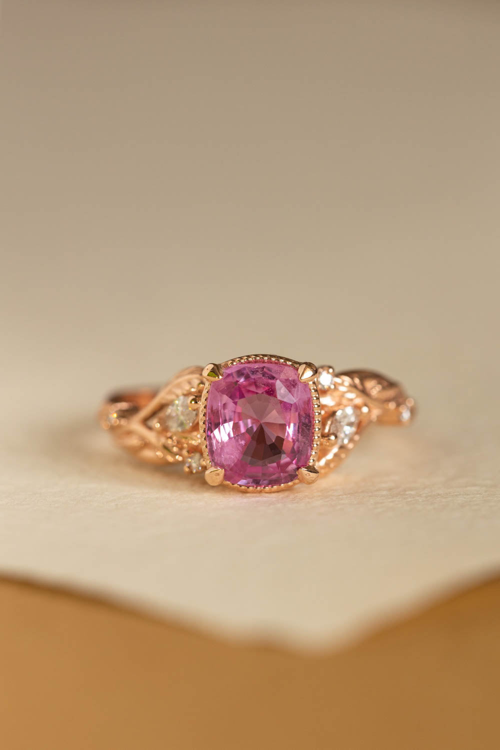 Genuine pink sapphire branch engagement ring, gold leaves and diamonds proposal ring / Patricia - Eden Garden Jewelry™