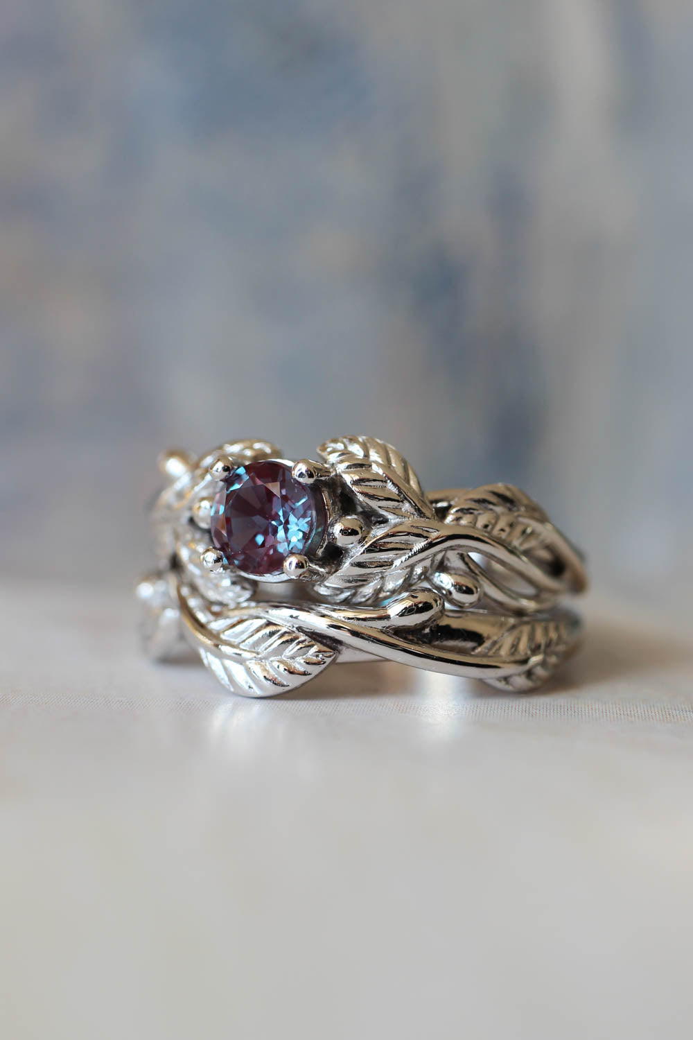 Curved twig ring, matching wedding band for our leaves rings