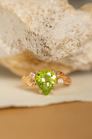 Peridot engagement ring with accent gemstones, big pear gemstone ring / Arius - Eden Garden Jewelry™