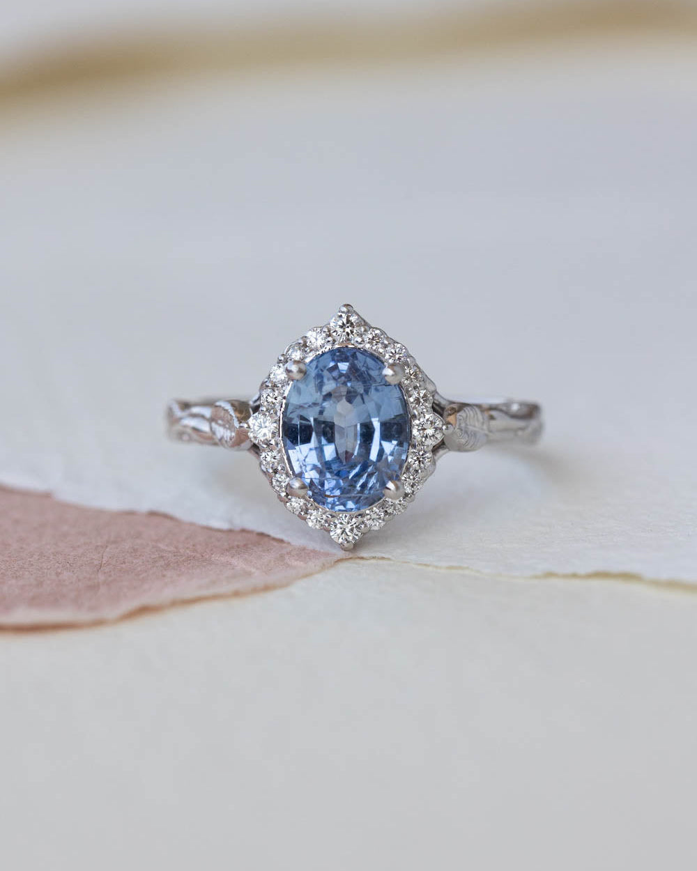 Natural sapphire and diamond halo engagement ring set, gorgeous bridal ring set with diamonds / Florentina - Eden Garden Jewelry™