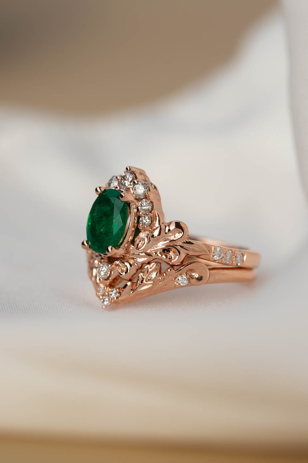 Rose gold engagement ring with emerald, crown shape gold ring with diamonds / Sophie - Eden Garden Jewelry™