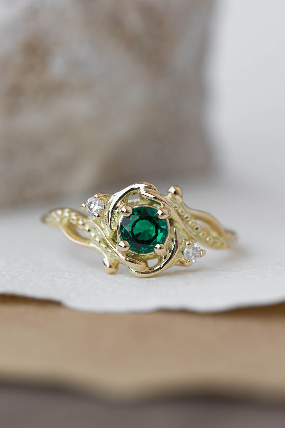 Lab emerald engagement ring, nature themed ring with accent diamonds  / Undina - Eden Garden Jewelry™