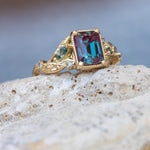 READY TO SHIP: Patricia ring in 14K yellow gold, lab alexandrite emerald cut 8x6 mm, accent moss agates and salt&pepper diamonds, AVAILABLE RING SIZES: 6-8US - Eden Garden Jewelry™