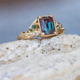 READY TO SHIP: Patricia ring in 14K yellow gold, lab alexandrite emerald cut 8x6 mm, accent moss agates and salt&pepper diamonds, AVAILABLE RING SIZES: 6-8US - Eden Garden Jewelry™