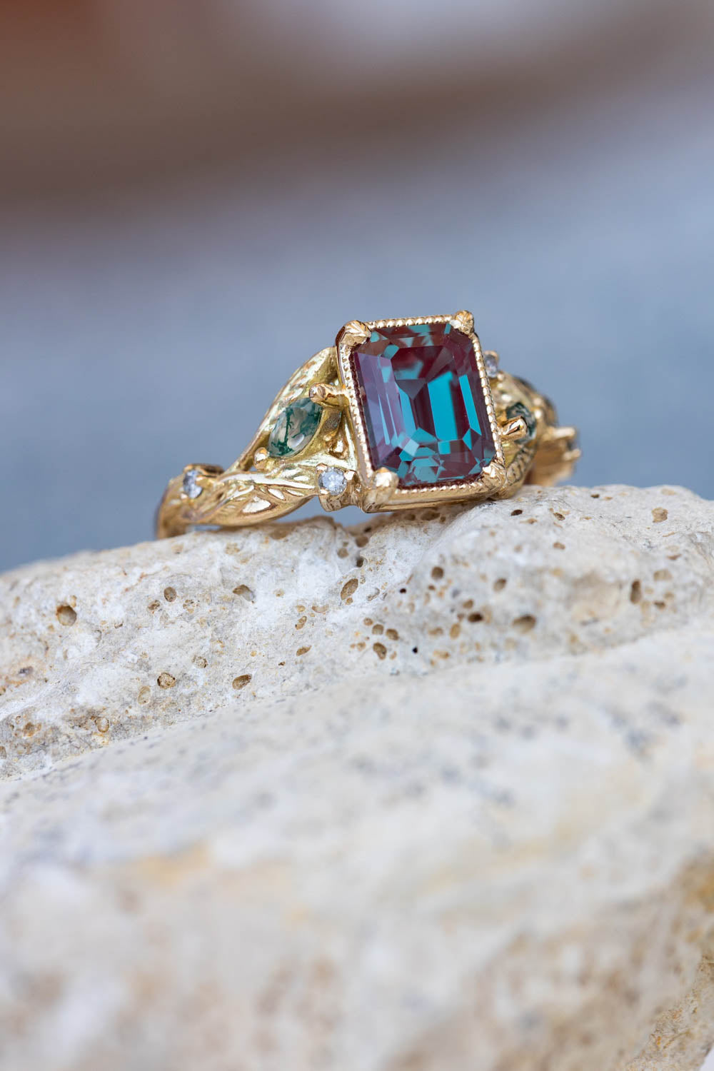 READY TO SHIP: Patricia ring in 14K yellow gold, lab alexandrite emerald cut 8x6 mm, accent moss agates and salt&pepper diamonds, AVAILABLE RING SIZES: 6-8US - Eden Garden Jewelry™