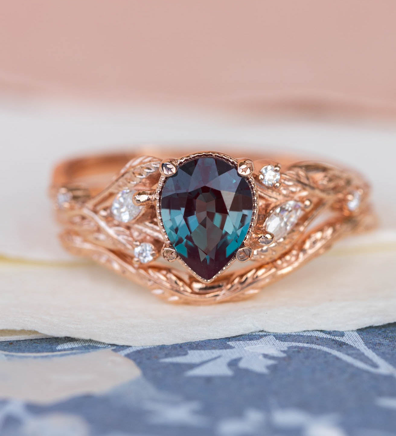 Colour changing alexandrite engagement ring set, rose gold stacking rings with accent diamonds  / Patricia - Eden Garden Jewelry™