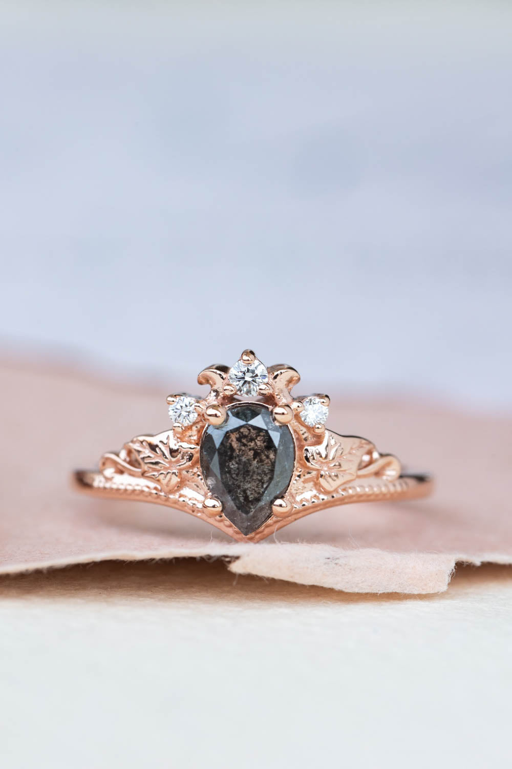 Pear salt and pepper diamond engagement ring, rose gold ivy leaves ring with diamonds / Ariadne - Eden Garden Jewelry™