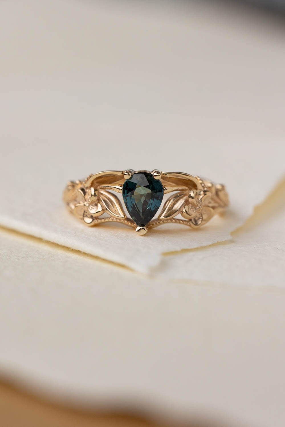 Genuine teal sapphire engagement ring, gold flower proposal ring / Eloise - Eden Garden Jewelry™