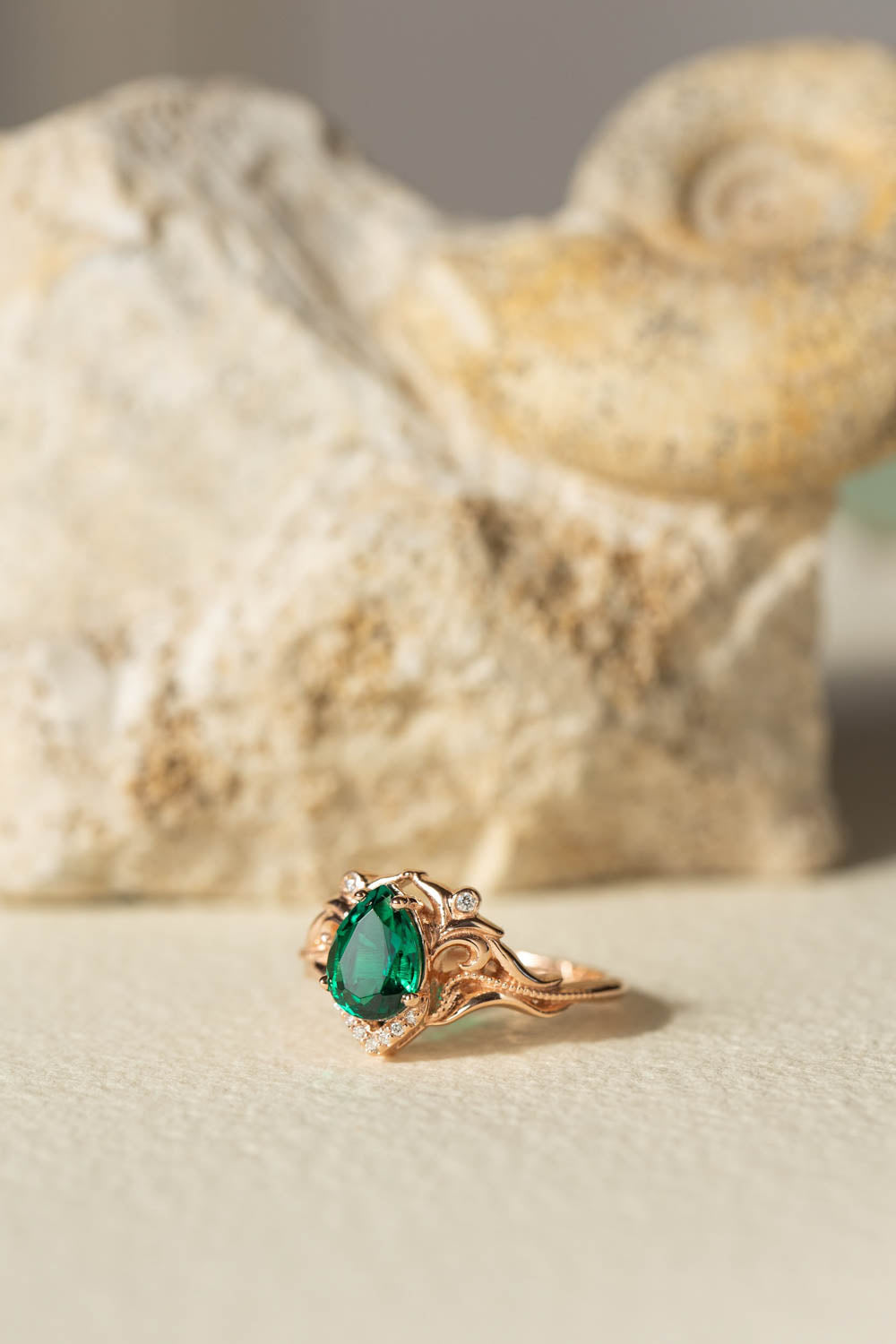 Pear lab emerald engagement ring, vintage inspired gold ring with diamonds / Lida small - Eden Garden Jewelry™