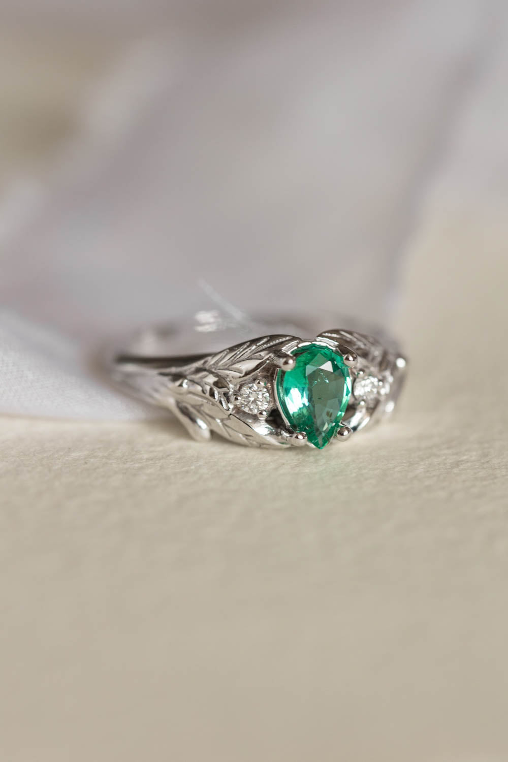 Natural emerald engagement ring, white gold leaf ring with accent diamonds / Wisteria - Eden Garden Jewelry™