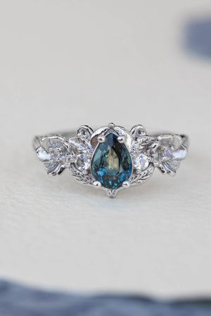 Teal sapphire and accent moonstones engagement ring, floral baroque style ring / Adelina - Eden Garden Jewelry™