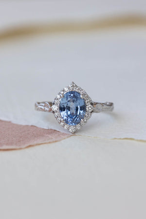 Halo diamond and sapphire engagement ring, white gold leaf engagement ring  / Florentina - Eden Garden Jewelry™