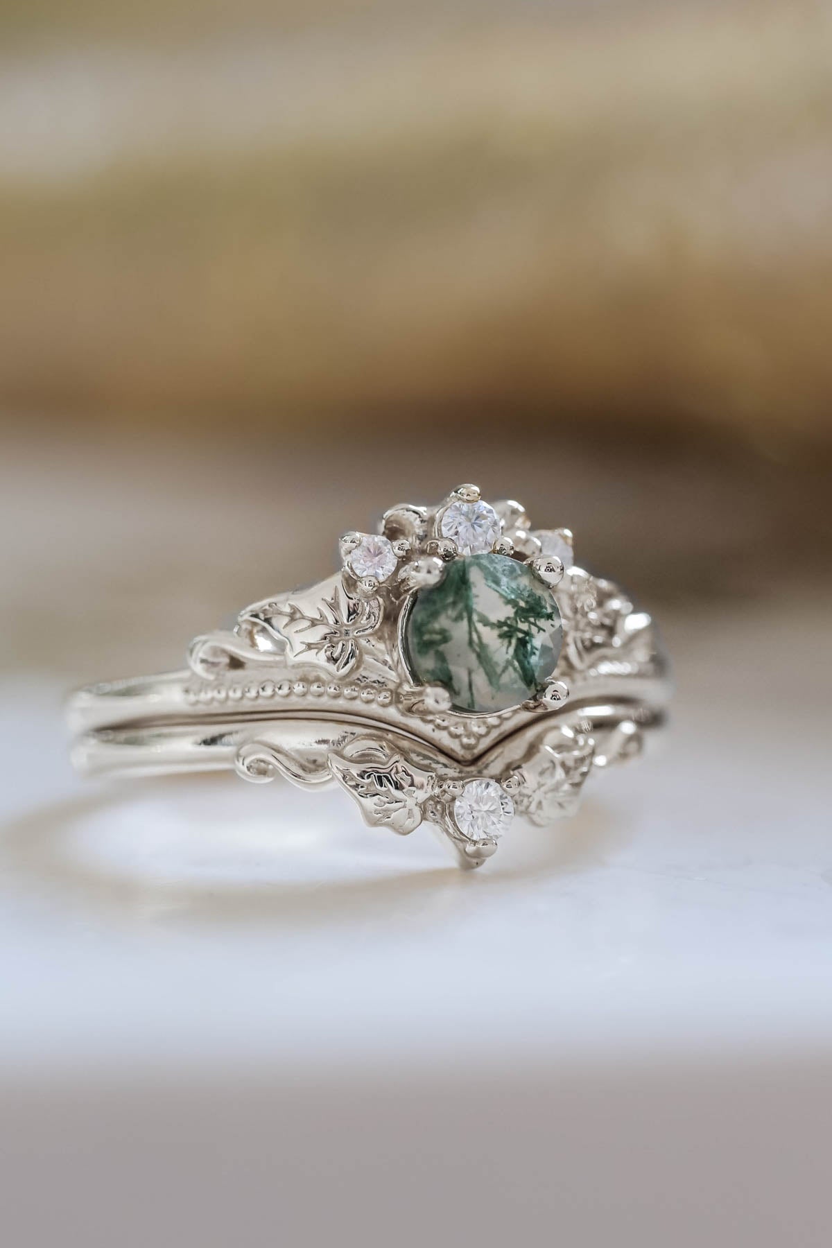 READY TO SHIP: Ariadne bridal ring set in 14K or 18K white gold, natural moss agate 5 mm, accents moissanites, AVAILABLE RING SIZES: 6-11US - Eden Garden Jewelry™
