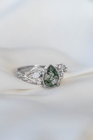 Moss agate and marquise diamonds engagement ring set, gold branch ring with diamonds / Patricia - Eden Garden Jewelry™