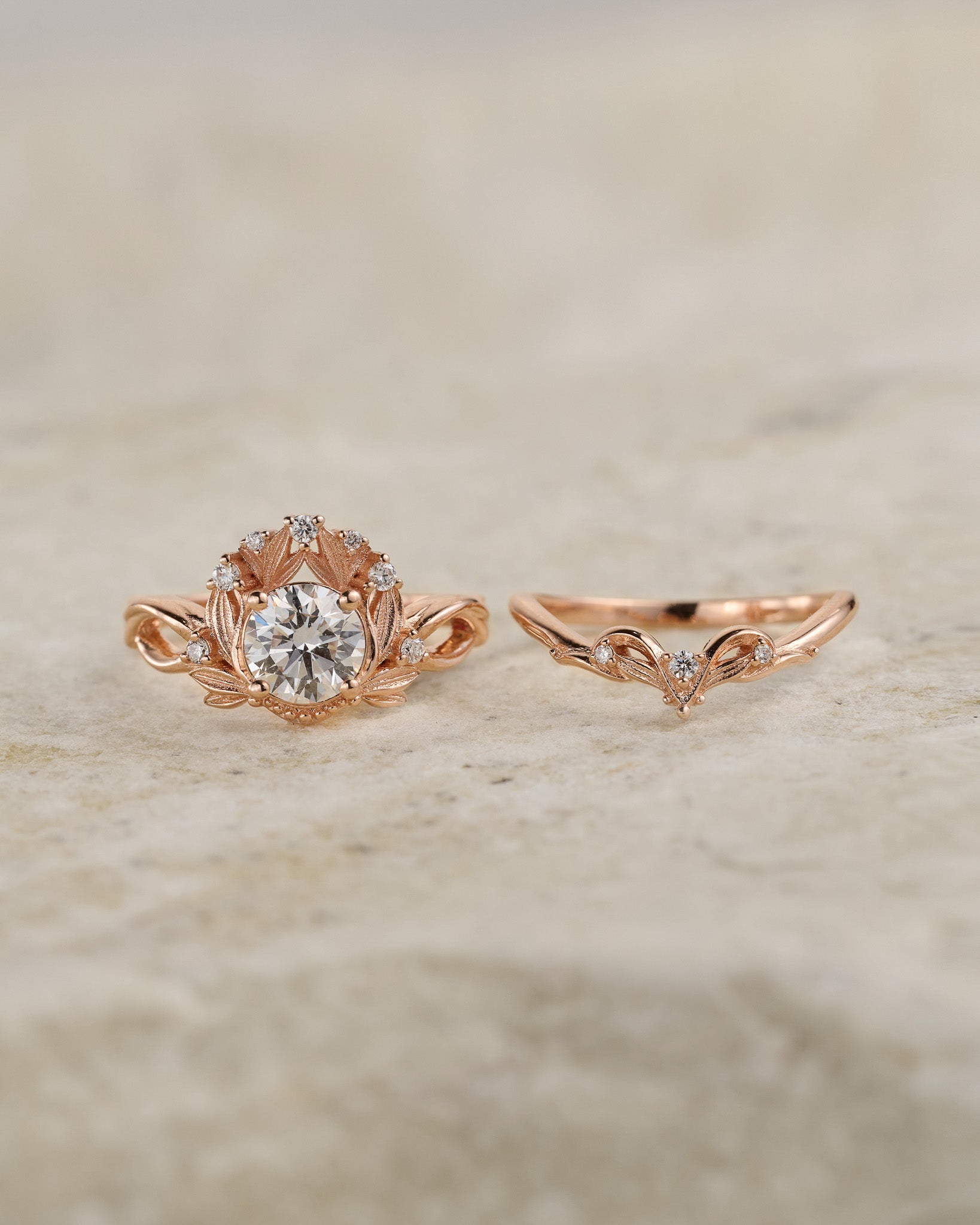 Mythology inspired bridal ring set with sparkling diamond / Nika - Eden Garden Jewelry™
