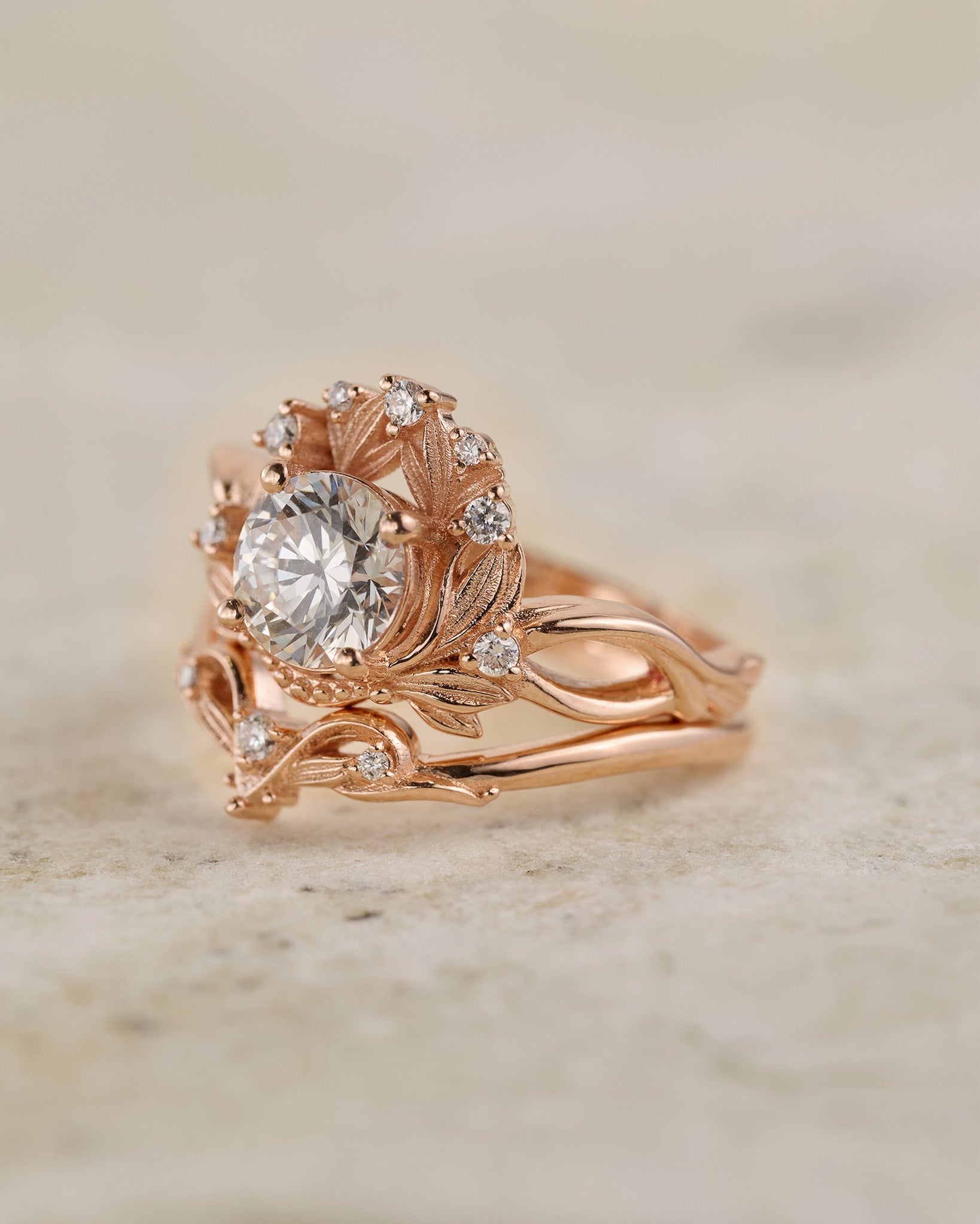 Mythology inspired bridal ring set with sparkling diamond / Nika - Eden Garden Jewelry™