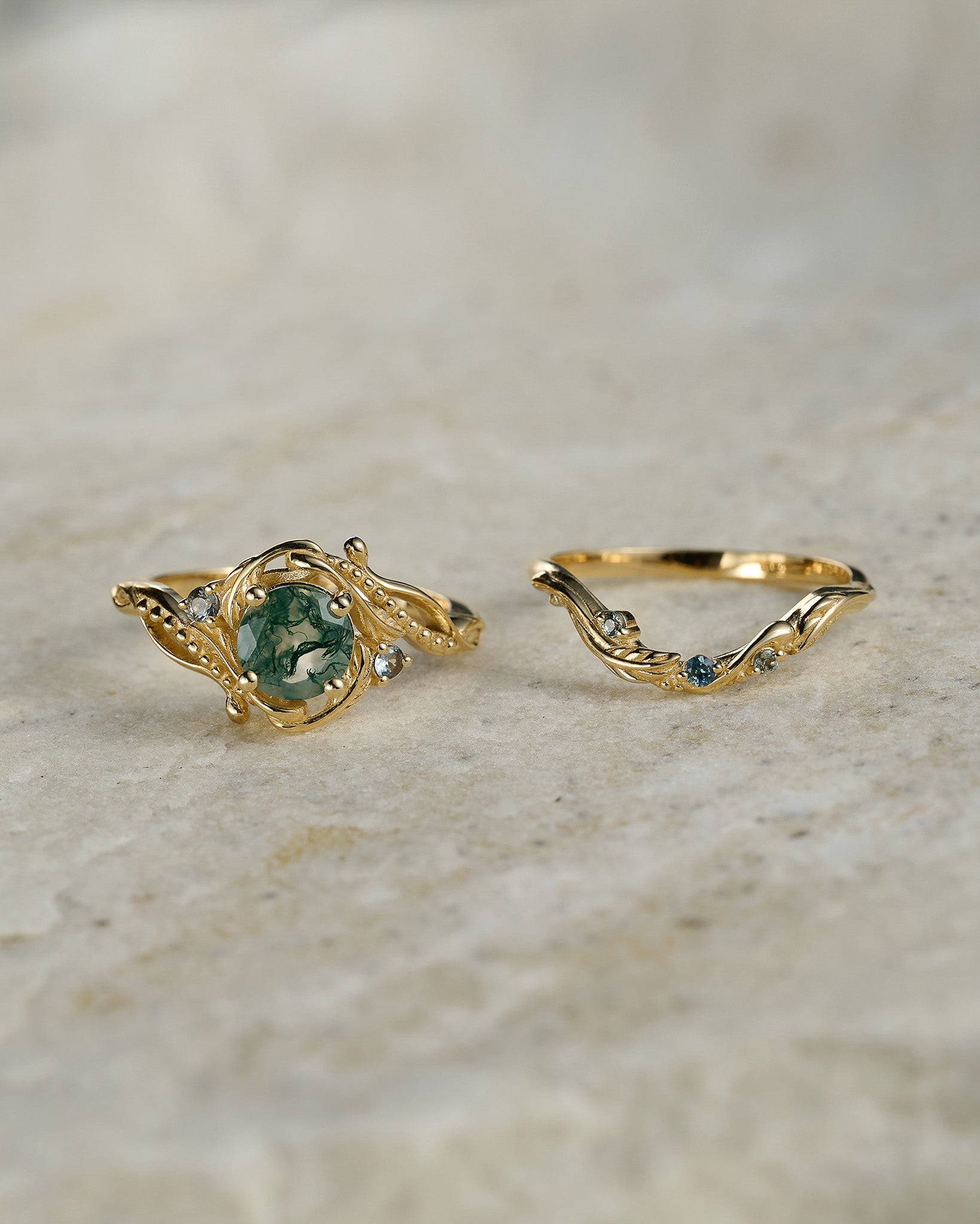 READY TO SHIP: moss agate and teal sapphires bridal ring set / Undina, RING SIZE: 5.5 - 8.5 US - Eden Garden Jewelry™