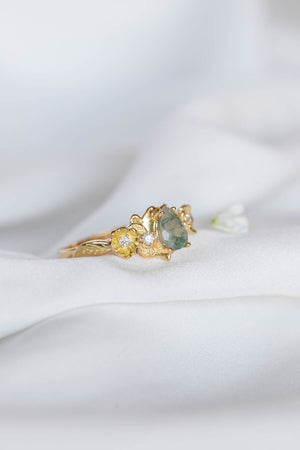 Moss agate and diamonds floral engagement ring / Adelina - Eden Garden Jewelry™