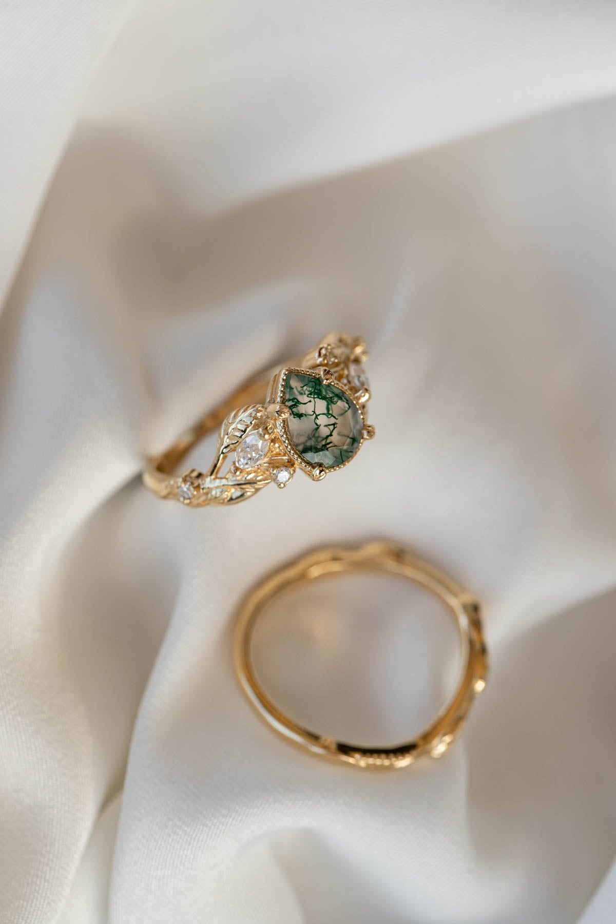Pear moss agate engagement ring with diamonds, gold leaf branch proposal ring / Patricia - Eden Garden Jewelry™