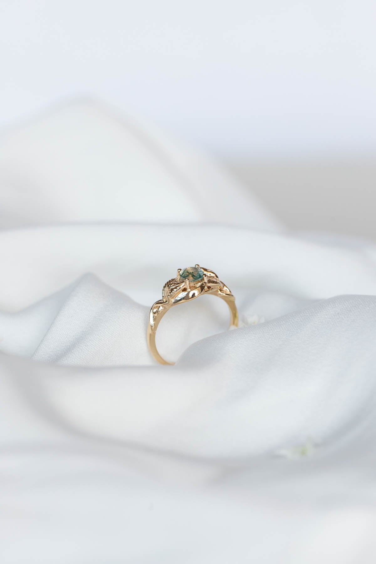 Delicate engagement ring with unique moss agate / Azalea - Eden Garden Jewelry™