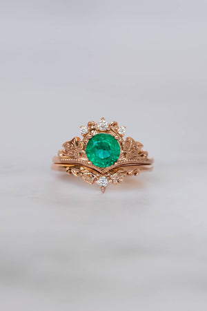 1 carat emerald engagement ring set, nature themed gold stacking rings with diamonds / Ariadne - Eden Garden Jewelry™